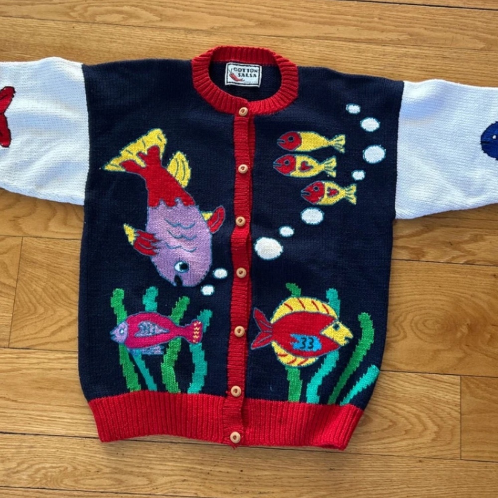 Cotton Salsa handknit fish cardigan Medium beautiful